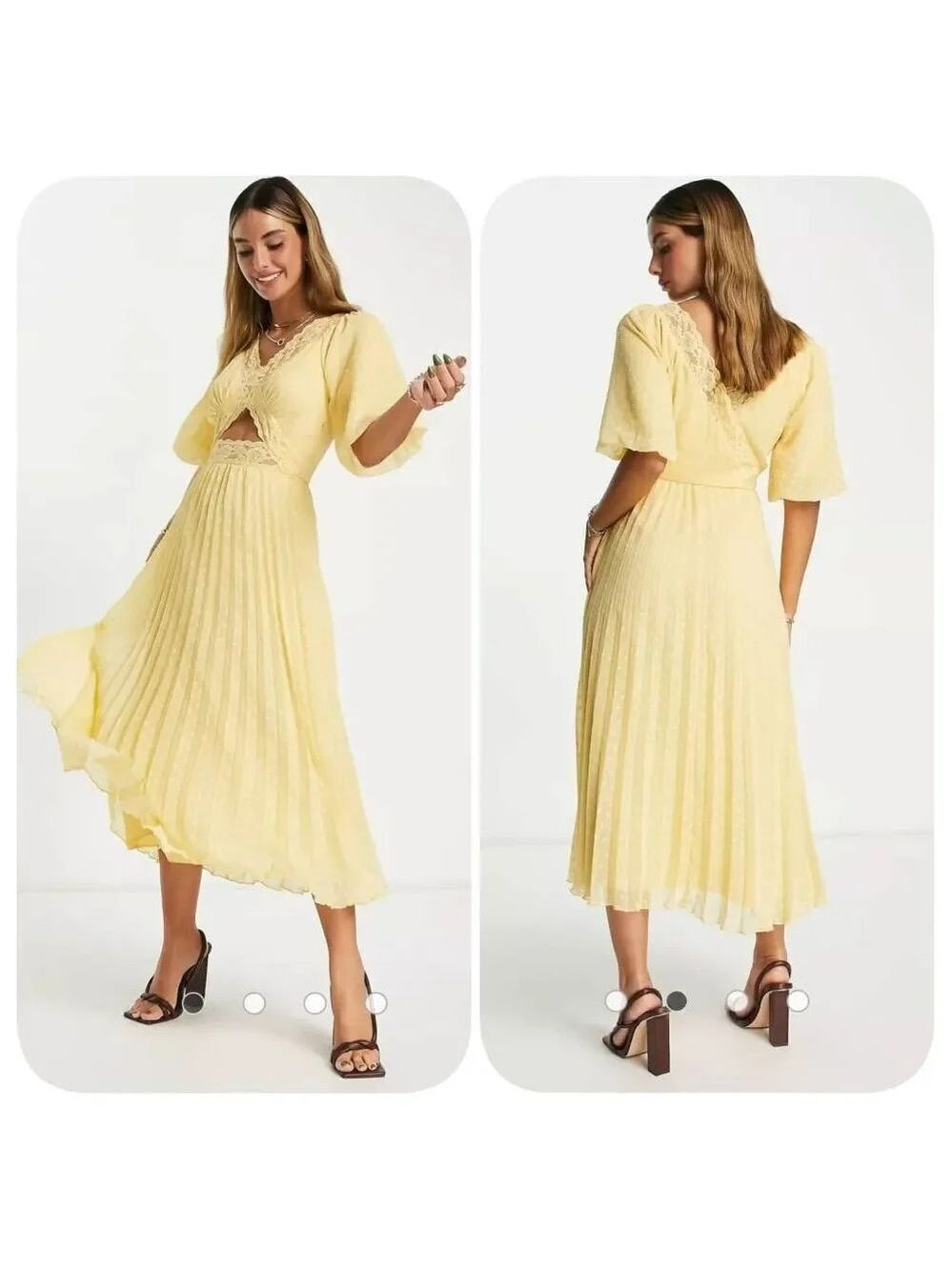 ASOS DESIGN lace insert cut out textured pleated midi dress in lemon yellow Sz 6 - Picture 2 of 12